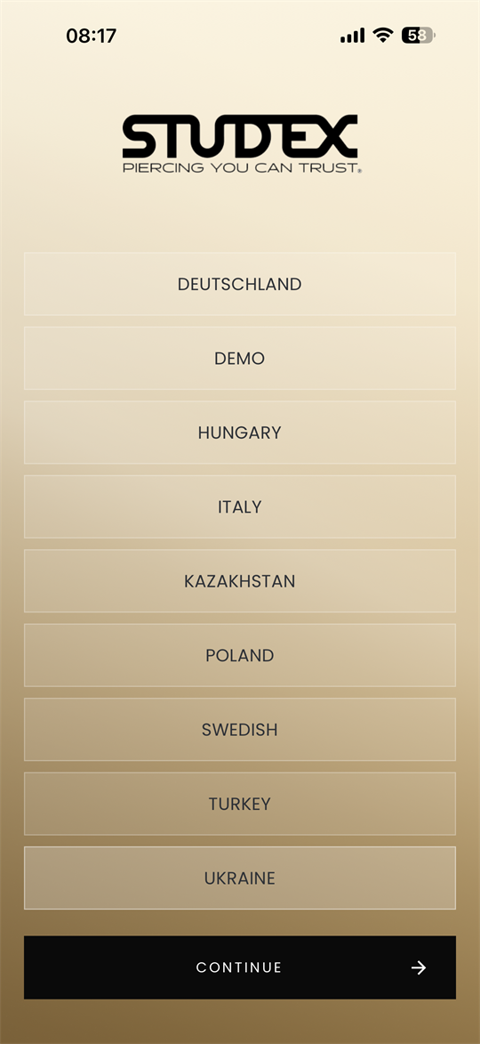 STUDEX country selection screen